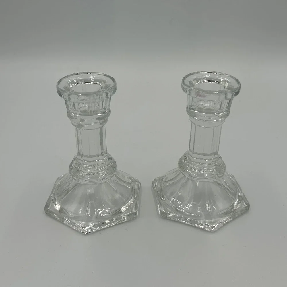 Vintage Clear Pressed‎ Glass Hexagon Base Taper Candlestick Holders Pair 4 Inch